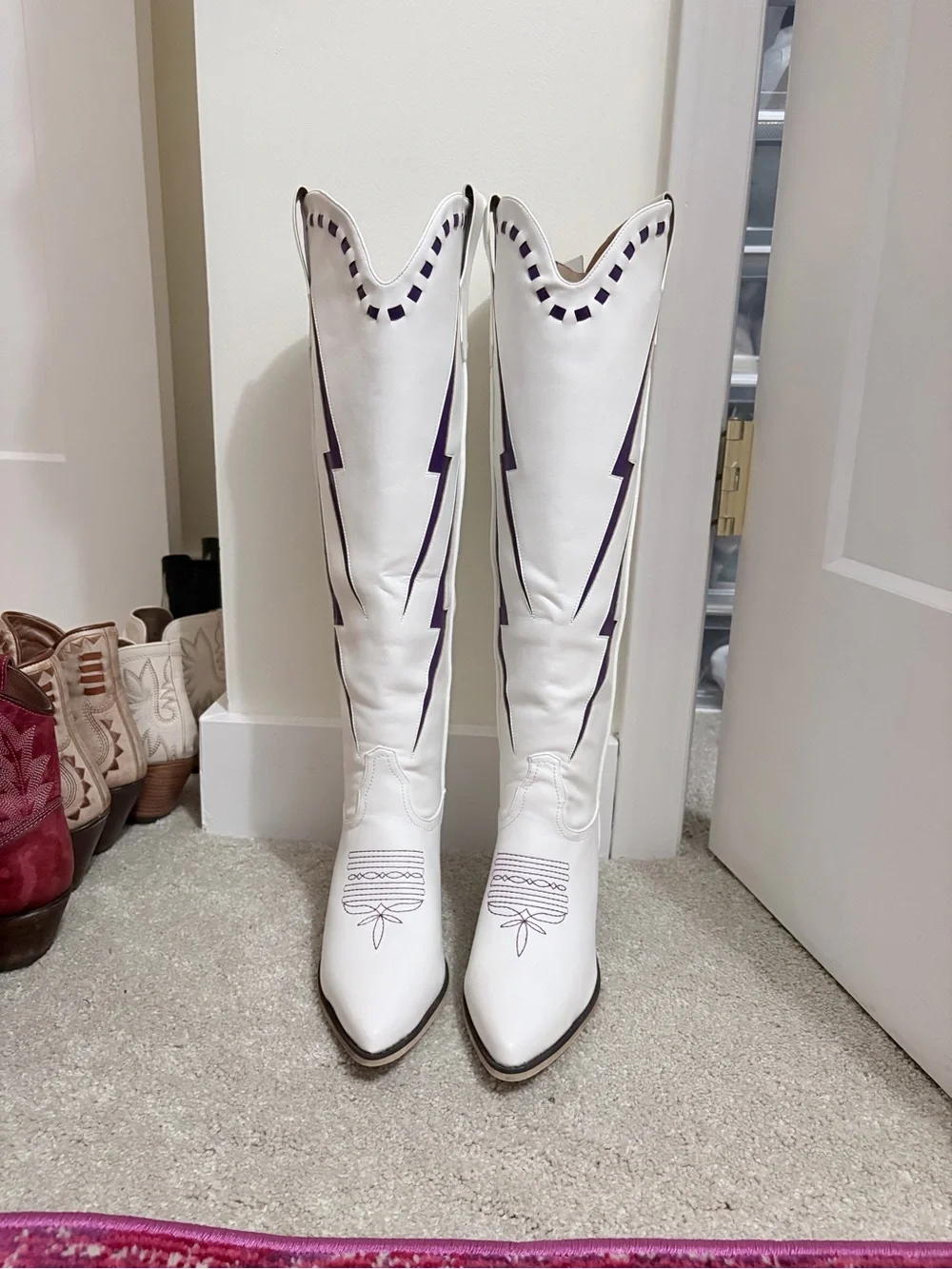 White Western Boots with Purple Lightning Accent a perfect for GAMEDAY